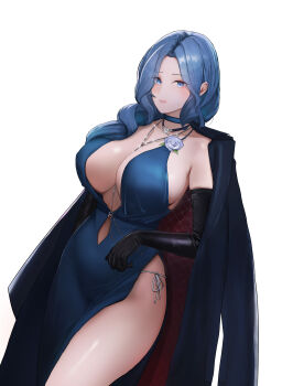 Rule 34 | 1girl, absurdres, black coat, black gloves, blue choker, blue dress, blue eyes, blue flower, blue hair, blue rose, breasts, choker, cleavage, clothing cutout, coat, coat on shoulders, commentary, dp-12 (girls' frontline), dress, dutch angle, elbow gloves, english commentary, evening gown, flower, girls' frontline, girls' frontline 2: exilium, gloves, hair over shoulder, halter dress, halterneck, helen (girls' frontline 2), helen (starlit waltz) (girls' frontline 2), highres, jewelry, large breasts, long hair, looking at viewer, looking to the side, necklace, necklace between breasts, panties, pantylines, parted lips, rose, sexyhen, side-tie panties, side slit, simple background, skindentation, solo, stomach cutout, underwear, white background