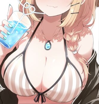 1girl arknights bikini black_jacket blonde_hair blue_gemstone blue_nails blush braid breast_focus breasts cleavage close-up closed_mouth commentary crazy_straw cup drink drinking_straw eyes_out_of_frame facing_viewer fang front-tie_bikini_top front-tie_top gem hair_ornament hairclip head_out_of_frame heart_straw heka=ton highres holding holding_cup jacket jewelry large_breasts low_twin_braids medium_hair nail_polish necklace off_shoulder official_alternate_costume open_clothes open_jacket pendant redrawn simple_background skin_fang smile solo striped_bikini striped_clothes swimsuit twin_braids upper_body utage_(arknights) utage_(summer_flowers)_(arknights) vertical-striped_bikini vertical-striped_clothes white_background