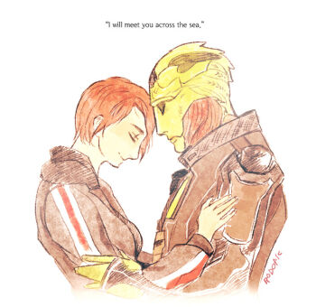 Rule 34 | agatemano, alien, commander shepard, commander shepard (female), drell, english text, forehead-to-forehead, heads together, mass effect (series), nuzzle, quoted, thane krios, tumblr, white background