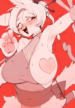 1girl 3gs ahoge animal_ears animal_hands animal_nose arm_up armpits bare_shoulders blush bound bound_arms breasts cat_ears cat_girl cat_tail cat_teaser claws clothing_aside constricted_pupils covered_erect_nipples covered_navel drooling embarrassed fang female_focus fishnet_cutout furry furry_female hair_bun hair_ornament hair_stick hand_up heart heart_in_mouth heart_pasties highres huge_breasts laughing leotard leotard_aside looking_to_the_side mature_female monochrome ninja nose_blush one_breast_out open_mouth original outstretched_arm pasties pawpads raised_eyebrow red_background red_theme rope saliva sash short_hair sidelocks simple_background single_hair_bun smile snout solo standing sweat tail tickling tickling_armpits trembling upper_body