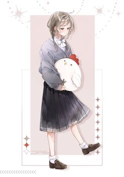 1girl ahoge black_skirt bow bowtie braid braided_twintails brown_eyes brown_hair brown_shoes cardigan closed_mouth collared_shirt commentary_request drop_shadow full_body grey_background grey_cardigan half-closed_eyes highres holding holding_stuffed_toy kawana_(spicaboy) loafers long_hair long_skirt long_sleeves looking_down low_twintails original oversized_clothes pleated_skirt shirt shoes skirt socks solo standing standing_on_one_leg stuffed_animal stuffed_chicken stuffed_toy swept_bangs twin_braids twintails two-tone_background white_background white_bow white_bowtie white_shirt white_socks