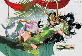 1girl black_hair cape commentary english_commentary fake_horns fur-trimmed_cape fur_trim gold_gauntlets gold_gloves gold_headwear green_cape green_eyes gymnopedies2 heart heart-shaped_eyewear highres horned_headwear horned_tiara horns jeff_(marvel) jeff_the_land_shark_(business_shark) lady_loki loki_(marvel) looking_at_another lying marvel marvel_rivals official_alternate_costume official_alternate_design on_side plant shirt smile striped_clothes striped_shirt thighhighs thor_(marvel)_(series) tiara wavy_hair