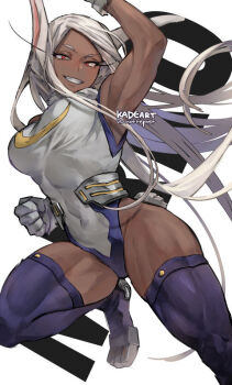 1girl abs animal_ears belt biceps boku_no_hero_academia breasts character_name dark-skinned_female dark_skin fighting_stance gloves heattech_leotard kadeart leotard long_eyelashes long_hair looking_at_viewer mirko muscular muscular_female rabbit_ears rabbit_girl rabbit_tail red_eyes smile solo tail text_background thighhighs thighs turtleneck twitter_username white_gloves white_hair