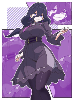 1girl breasts dress hair_between_eyes hex_maniac_(pokemon) hex_maniac_(pokemon_legends:_z-a) highres kanbei_(pixiv11037490) long_hair long_sleeves looking_at_viewer nintendo pokemon pokemon_legends:_z-a puffy_long_sleeves puffy_sleeves purple_dress purple_eyes purple_hair smile solo