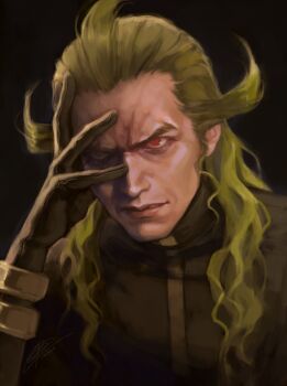 1boy ahoge black_background commentary_request furrowed_brow ghetsis_(pokemon) gloves green_hair hand_on_own_head hand_up highres jacket long_hair long_sleeves male_focus nintendo omurizer parted_lips pokemon pokemon_bw2 red_eyes solo upper_body