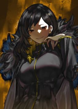 Rule 34 | 1girl, arm up, binah (project moon), black cloak, black dress, black eyes, black hair, blonde hair, cloak, coat, dress, earrings, falundata, fur-trimmed coat, fur trim, hashtag-only commentary, high collar, highres, jewelry, library of ruina, long hair, mole, mole under eye, multicolored hair, project moon, single earring, smile, solo, streaked hair