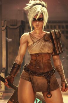 Rule 34 | 1girl, 2019, arena, artist name, bandaged arm, bandages, breasts, brown eyes, chain, clenched hands, collarbone, commentary, corset, dark-skinned female, dark skin, dated, dress, english commentary, facepaint, highres, holding, holding sword, holding weapon, league of legends, long hair, nose, ponytail, riven (league of legends), scar, sciamano240, signature, solo, standing, sword, toned, weapon, white hair