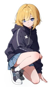 Rule 34 | 1girl, absurdres, black jacket, blonde hair, blue eyes, blue skirt, bright pupils, convenient leg, doro (doroluvkuma), film grain, full body, highres, hood, hooded jacket, jacket, long sleeves, looking at viewer, looking to the side, miniskirt, multicolored shoes, on one knee, original, parted bangs, pleated skirt, shoes, short hair, simple background, skirt, sneakers, socks, solo, turning head, two-tone shoes, white background, white pupils, white socks