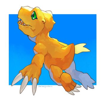 agumon blue_background border claws commentary digimon digimon_(creature) english_commentary from_behind full_body green_eyes lizard sei_(seiryuuden) sharp_teeth simple_background solo teeth white_border