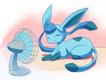 Rule 34 | :3, ^ ^, ancesra, animal focus, blue hair, closed eyes, closed mouth, electric fan, full body, gen 4 pokemon, glaceon, happy, hot, long hair, nintendo, no humans, on floor, pokemon, pokemon (creature), sitting, sketch, smile, solo, sweat, twintails, wooden floor