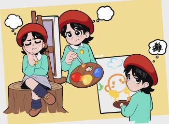 1girl absurdres adeleine beret black_eyes black_hair black_socks brown_shoes canvas_(object) crossed_legs delatoid grey_skirt hat highres holding holding_paint_palette holding_paintbrush kirby_(series) nintendo on_tree_stump paint_palette paintbrush painting_(object) red_hat shoes signature simple_background skirt smock socks sweatdrop tree_stump yellow_background