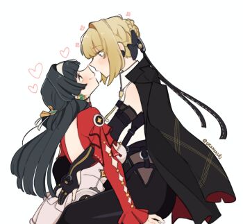 2girls astra_yao black_gloves black_hair black_jacket black_pants blonde_hair blush braid braided_bun closed_mouth commentary dress elbow_gloves evelyn_chevalier gloves hair_bun hairband hand_on_another's_waist heart highres jacket jacket_on_shoulders long_hair multiple_girls pants parkeeer purple_eyes red_dress shirt simple_background smile white_background white_hairband white_shirt yuri zenless_zone_zero