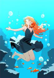 Rule 34 | 1girl, 6070 kaijoku, air bubble, alternate costume, bare arms, bare legs, bare shoulders, barefoot, black dress, blush, bubble, closed eyes, closed mouth, dress, facing to the side, fish, floating, floating hair, full body, highres, long hair, nami (one piece), one piece, open hands, orange hair, outstretched arms, rock, shoulder tattoo, single sidelock, solo, spaghetti strap, tattoo, underwater