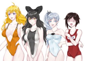 4girls aqua_eyes black_hair blake_belladonna blonde_hair blush bow breast_envy breast_padding breasts brown_hair cleavage female_focus hand_on_own_hip jewelry large_breasts leecheie lineup long_hair multiple_girls necklace purple_eyes ruby_rose rwby scar smile sweatdrop swimsuit weiss_schnee white_hair yang_xiao_long yellow_eyes