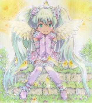 1girl ankle_cuffs ankle_garter arm_garter bad_id bad_pixiv_id bird blush blush_stickers detached_sleeves female_focus frilled_thighhighs frills grass green_eyes green_hair hatsune_miku lolita_fashion long_hair matching_hair/eyes mayo_riyo sitting smile solo sweet_lolita thighhighs twintails very_long_hair vocaloid wings