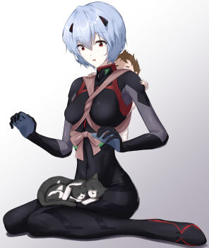 2girls absurdres animal animal_on_lap ayanami_rei baby baby_carrier black_bodysuit blue_hair bodysuit brown_hair carrying carrying_person cat cat_on_lap commentary cuddling curled_fingers evangelion:_3.0+1.0_thrice_upon_a_time full_body gradient_background grey_cat hair_between_eyes hand_on_another&#039;s_shoulder highres carrying_baby interested interface_headset_(evangelion) looking_at_animal looking_down mecha_pilot_suit messy_hair multiple_girls neon_genesis_evangelion on_lap outstretched_hand pale_skin parted_lips plugsuit_(evangelion) raised_eyebrows rebuild_of_evangelion short_hair sitting sleeping solo_focus surprised suzuhara_tsubame wariza white_background white_cat