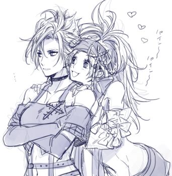 2girls bare_shoulders black_choker braid breasts choker crossed_arms detached_sleeves elbow_gloves final_fantasy final_fantasy_x final_fantasy_x-2 gloves hands_on_another&#039;s_shoulders headband heart long_hair medium_breasts microskirt midriff multiple_girls nakagawa_waka open_mouth paine_(ff10) parted_bangs ponytail rikku_(ff10) scarf short_hair sketch skirt smile upper_body white_background