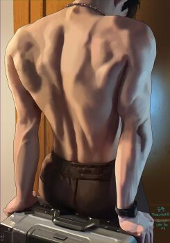 Rule 34 | 1boy, absurdres, back, belt, black belt, black hair, black pants, commentary request, from behind, highres, jewelry, korean commentary, male focus, necklace, original, pants, short hair, sitting, solmuk0, solo, suitcase, toned, toned male, topless male, veins, veiny arms, watch, watermark, wristwatch