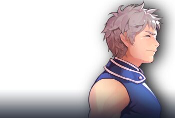 Rule 34 | 1boy, alpha transparency, artist request, blue shirt, closed eyes, closed mouth, collared shirt, from side, grey hair, highres, isaac ducastel, male focus, nexon, nose, nostrils, official art, profile, second-party source, shirt, short hair, simple background, sleeveless, sleeveless shirt, solo, tales weaver, thick eyebrows, transparent background, upper body