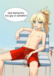 1girl absurdres alcohol aqua_eyes beach beer beer_bottle bench blonde_hair bottle breasts commentary corona_(brand) crossdressing crossdressing_(ftm) drawstring english_commentary english_text fate/grand_order fate_(series) female_focus hair_ornament hair_scrunchie highres holding holding_bottle looking_at_viewer maho_malice male_swimwear male_swimwear_challenge mordred_(fate) mordred_(fate/apocrypha) navel nipples on_bench open_mouth ponytail red_male_swimwear red_scrunchie red_shorts red_swim_trunks scrunchie shorts sitting small_breasts solo speech_bubble spread_legs swim_trunks swimsuit teeth tomboy topless_female upper_teeth_only