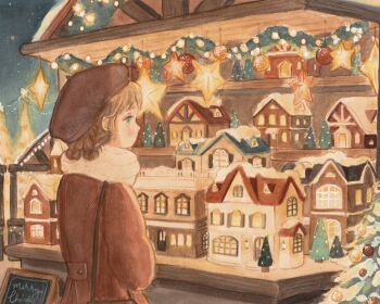 1girl beret brown_hair carrie_(carriedraw) christmas_tree coat folding_sign hat merry_christmas miniature model original red_coat short_hair sign solo star_(symbol) window