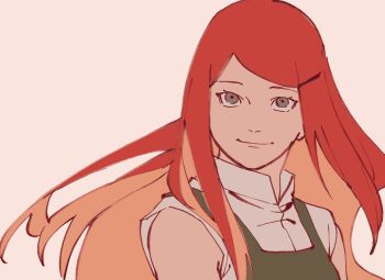 1girl blue_eyes breasts closed_mouth collared_shirt dress green_dress hair_ornament hairclip highres long_hair medium_breasts naruto_(series) pnpk_1013 red_hair shirt shirt_under_dress short_sleeves simple_background sketch smile solo straight_hair swept_bangs upper_body uzumaki_kushina white_shirt