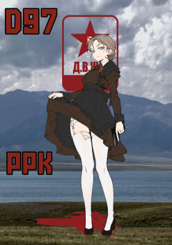 1girl absurdres apron black_apron blonde_hair blue_eyes commentary english_commentary erika_(sebastian_z) garter_straps gun handgun highres necktie original red_necktie red_star school_uniform sebastian_z short_hair soviet soviet_school_uniform star_(symbol) thighhighs walther walther_ppk weapon white_thighhighs