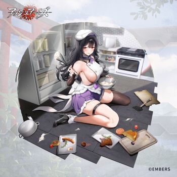 Rule 34 | 1girl, apron, ash arms, baking, bare shoulders, black hair, black shoes, black thighhighs, bowl, breasts, character request, cheese, closed mouth, clutter, commentary request, detached sleeves, food, food on body, food on face, full body, gijang, hat, heart, high heels, highres, holding, holding bowl, holding whisk, indoors, kitchen, knife, ladle, large breasts, long hair, looking at viewer, mixing bowl, official art, on floor, oven, pleated skirt, purple skirt, red eyes, sausage, shoes, sideboob, single thighhigh, sitting, skindentation, skirt, solo, steak, thigh strap, thighhighs, tomato, tomato slice, tongue, tongue out, tray, wariza, whisk, white hat