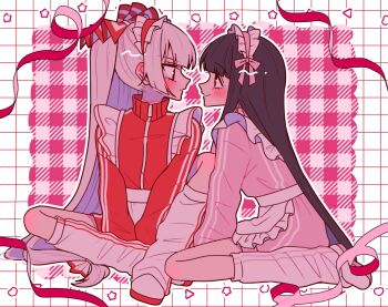 2girls alternate_costume apron blush bow brown_hair closed_mouth commentary_request enmaided eye_contact frilled_hairband frills fujiwara_no_mokou grey_hair hair_bow hairband heart highres houraisan_kaguya jacket jersey_maid leg_warmers lolita_hairband long_hair looking_at_another maid multiple_girls pants pink_hairband pink_jacket pink_shorts red_hairband red_jacket red_shorts shoes shorts sitting smile star_(symbol) tamiko_(tamik0224) touhou track_jacket track_pants unconventional_maid very_long_hair waist_apron white_apron white_leg_warmers white_shoes yuri