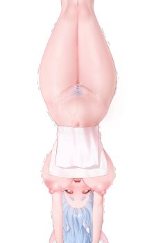 1girl absurdres animal_ears bar_censor blue_hair breasts censored commentary english_commentary female_pubic_hair handstand hanging_breasts highres hololive huge_breasts long_hair naked_towel navel nipples open_mouth pekomama prab pubic_hair pussy rabbit_ears rabbit_girl shaking short_eyebrows simple_background solo thick_eyebrows thick_thighs thighs towel upside-down virtual_youtuber white_background wide_hips