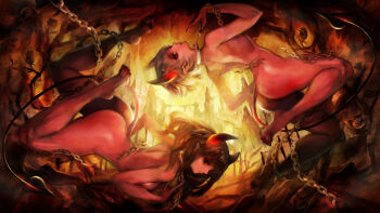 2girls ass back bare_back blonde_hair broken broken_chain brown_eyes brown_hair chain chain collar colored_skin demon_girl demon_horns demon_tail dragon's_crown feet fire floating flower full_body game_cg grey_hair hell highres hirai_yukiko horns legs long_hair looking_at_viewer multiple_girls nude official_art pointy_ears profile red_skin red_theme rose short_hair demon_girl tail
