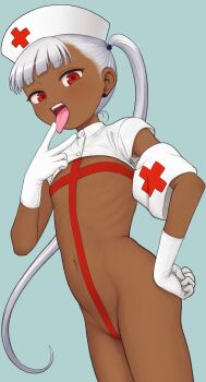1girl aqua_background armband blue_background blunt_bangs buttons cowboy_shot cross crotch_strap dark-skinned_female dark_skin earrings fangs flat_chest gloves grey_hair groin hand_on_own_hip hat jewelry loli long_hair looking_at_viewer navel nurse nurse_cap omodaka_(nitera1041) open_mouth original ponytail red_cross red_eyes revealing_clothes ribs short_sleeves side_ponytail simple_background slingshot_swimsuit solo standing stomach stud_earrings swimsuit teeth tongue tongue_out upper_teeth_only v very_long_hair white_gloves white_hair