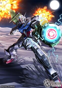 amasaki_yusuke beam_cannon copyright_logo copyright_name copyright_notice electricity explosion full_moon gundam gundam_card_game gundam_seed launcher_strike_gundam logo mecha mecha_focus mobile_suit moon night night_sky no_humans official_art robot science_fiction sky solo strike_gundam v-fin