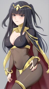 1girl amayo_thranana black_hair black_nails blunt_bangs bodystocking breasts bridal_gauntlets circlet commentary_request commission cowboy_shot fire_emblem fire_emblem_awakening grey_background highres medium_breasts nail_polish nintendo see-through_bridal_gauntlets see-through_clothes simple_background skeb_commission solo tharja_(fire_emblem) tiara two_side_up
