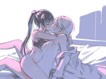 Rule 34 | 2girls, arms around neck, black bra, black hair, bottomless, bra, breasts, closed eyes, commentary request, french kiss, hand on another's waist, highres, karanomori shion, kiss, kunizuka yayoi, large breasts, long hair, multiple girls, nichiju (you), nude, ponytail, psycho-pass, sweat, underwear, white hair, yuri