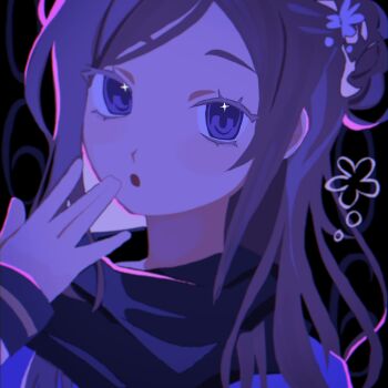 1girl :o aly_(busydizzynlazy) black_background commentary english_commentary eyelashes highres kurashiki_akane kyokugen_dasshutsu kyokugen_dasshutsu:_9_jikan_9_nin_9_no_tobira long_hair open_mouth portrait purple_eyes solo