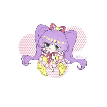 1girl absurdly_long_hair ahoge bare_legs bare_shoulders barefoot bow bowtie chibi chinese_commentary commentary_request detached_sleeves dress eyes_visible_through_hair green_eyes hair_bow hair_ornament halftone happy heart heart_hair_ornament holding holding_microphone idol lace lace-trimmed_dress lace_trim light_blush long_dress long_hair manaka_laala microphone open_mouth pink_bow pink_bowtie pink_dress pretty_series pripara puffy_short_sleeves puffy_sleeves purple_hair quqi_xiao_shuang see-through_clothes see-through_sleeves short_sleeves signature sleeveless sleeveless_dress smile solo standing striped_clothes striped_dress swept_bangs twintails two-tone_dress vertical-striped_clothes vertical-striped_dress very_long_hair wavy_hair white_background white_sleeves winged_heart wristband yellow_dress