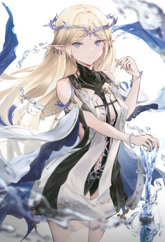 1girl bare_shoulders black_dress blonde_hair blue_eyes breasts cartethyia_(wuthering_waves) closed_mouth commentary_request cowboy_shot crown_of_thorns dress earrings fleur-de-lis hand_on_hilt hand_up highres jewelry long_hair looking_at_viewer masai_no_senshi multiple_earrings necklace parted_bangs pointy_ears sidelocks small_breasts solo tabard tacet_mark_(wuthering_waves) thighs white_tabard wuthering_waves