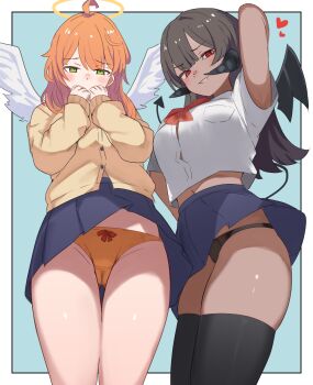 2girls ahoge angel aqua_background black_hair black_panties black_thighhighs blue_skirt blush border bow bowtie breast_pocket cameltoe commentary_request cowboy_shot crop_top cropped_shirt crotch_seam double-parted_bangs embarrassed feathered_wings from_below green_eyes grin halo hands_up heart highres long_hair long_sleeves looking_at_viewer looking_down midriff miniskirt multiple_girls navel orange_hair orange_panties original outside_border panties parted_bangs pleated_skirt pocket raised_inner_eyebrows red_bow red_bowtie red_eyes school_uniform shirt simple_background skirt smile smug soyo1558686 standing sweater thighhighs traditional_halo underwear white_border white_shirt white_wings wings yellow_sweater