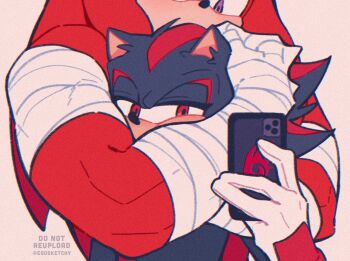 2boys artist_name bandaged_arm bandaged_hand bandages bara biceps black_fur choke_hold commentary egosketchy flexing furry furry_male hand_spikes highres holding holding_phone knuckles_the_echidna looking_at_another looking_at_phone male_focus multicolored_fur multicolored_hair multiple_boys muscular muscular_male phone red_fur shadow_the_hedgehog sonic_(series) sonic_boom_(series) strangling streaked_hair taking_picture untranslatable_commentary watermark