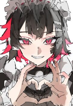 1girl absurdres black_hair colored_inner_hair commentary_request ellen_joe four-finger_heart_hands grin hairband heart heart_hands highres looking_at_another looking_at_viewer maid metal_hairband mole mole_under_eye multicolored_hair parted_lips portrait razor_blade_hair_ornament red_eyes red_hair shark_girl short_hair simple_background smile solo spiked_headband walk43049101art white_background zenless_zone_zero