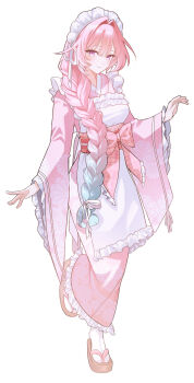 1girl 1owo_owo1 alternate_costume braid cyrene_(demiurge)_(honkai:_star_rail) cyrene_(honkai:_star_rail) diamond-shaped_pupils diamond_(shape) floral_print floral_print_kimono full_body gradient_hair hashtag-only_commentary highres honkai:_star_rail honkai_(series) japanese_clothes kimono long_hair long_sleeves multicolored_hair pink_hair pink_kimono pink_pupils pointy_ears print_kimono purple_eyes simple_background single_braid smile socks solo symbol-shaped_pupils white_background white_socks