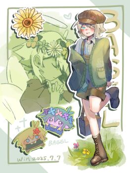 Rule 34 | 2boys, antenna hair, artist name, bag, basil (birthday) (omori), basil (faraway) (omori), basil (headspace) (omori), basil (omori), blonde hair, blue eyes, blush, boots, brown bag, brown boots, brown hat, brown overalls, cardigan, chibi, collared shirt, commentary, dated, double-parted bangs, dual persona, flower, flower wreath, green cardigan, green hair, hair between eyes, hashtag-only commentary, hat, head wreath, highres, holding, holding bag, lace-up boots, long sleeves, looking at viewer, multiple boys, newsboy cap, o51515o, omori, one eye closed, open cardigan, open clothes, overall shorts, overalls, shirt, short hair, sidelocks, smile, tongue, tongue out, white shirt