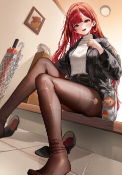 absurdres akane_lize black_jacket black_shoes black_shorts blonde_hair brown_pantyhose commentary furuming1 hair_ornament highres indoors jacket long_hair long_sleeves looking_at_viewer mole mole_under_eye multicolored_hair open_clothes open_jacket open_mouth pantyhose red_hair shoes short_hair shorts sitting stellive streaked_hair sweater torn_clothes torn_pantyhose unworn_shoes virtual_youtuber white_bag white_sweater