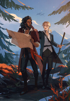 2boys anduin_wrynn arms_up ashenblue beard belt belt_buckle black_belt black_footwear black_hair black_pants blonde_hair blue_coat blue_eyes boots brown_coat buckle cane chest_belt coat collarbone collared_coat colored_sclera commentary commission dragon dress_shirt earrings english_commentary eye_contact facial_hair flying full_body hand_on_another's_shoulder holding holding_cane holding_map hoop_earrings jewelry layered_sleeves looking_at_another male_focus map map_(object) medium_hair mountain multiple_boys necklace open_collar open_mouth outdoors pants path piercing pine_tree plant pointing ponytail popped_collar red_sclera road rope_belt shirt sky snow star_(sky) teeth tree upper_teeth_only walking warcraft wavy_hair white_shirt wing_collar world_of_warcraft wrathion