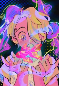 Rule 34 | 1boy, aged down, blonde hair, blue eyes, blush, commentary, curly eyebrows, fish, hair over one eye, highres, male focus, one piece, open mouth, riicolato, sanji (one piece), short hair, short sleeves, solo, upper body