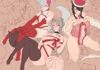 3girls bell black_thighhighs blue_hair breasts convenient_censoring dangodes elbow_gloves feather_hair_ornament feathers gift gloves green_hair hair_ornament highres large_breasts limited_palette medium_breasts multicolored_hair multiple_girls non-web_source original presenting red_thighhighs ribbon source_request thighhighs thighs yellow_eyes