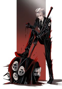 Rule 34 | 1boy, 779 nnk, absurdres, black eyes, black gloves, black jacket, black necktie, black pants, black shoes, black suit, blood, border, closed mouth, collared shirt, commentary request, double-parted bangs, e.g.o (project moon), employee (project moon), expressionless, face print, formal clothes, full body, gloves, gradient background, hair between eyes, hammer, highres, holding, holding hammer, holding weapon, huge weapon, jacket, leg up, lobotomy corporation, looking at object, looking down, male focus, necktie, nugget (project moon), outside border, pants, project moon, red background, shirt, shoes, short hair, smile (e.g.o), standing, suit, uneven footing, weapon, white border, white hair, white shirt, wing collar