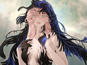 Rule 34 | 1000xiooo, 1girl, absurdres, aqua eyes, black dress, black hands, black veil, blue veil, breasts, breasts apart, collarbone, colored extremities, commentary request, dress, grey background, hands up, highres, korean commentary, large breasts, long hair, looking at viewer, nautika (reverse:1999), no bra, parted lips, pink hair, pink lips, plunging neckline, reverse:1999, solo, strapless, strapless dress, two-tone veil, upper body, veil