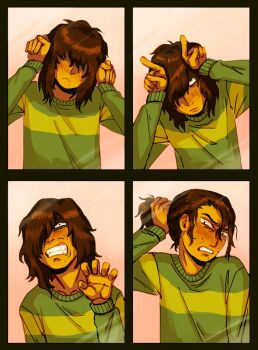 1other bakedbananners1 blush brown_hair bunching_hair claw_pose clenched_teeth closed_mouth collarbone colored_skin covered_eyes deltarune green_sweater hair_over_one_eye highres horns_pose kris_(deltarune) medium_hair multiple_moles open_mouth other_focus paw_pose split_screen striped_clothes striped_sweater sweater teeth utdr_(toby_fox) yellow_skin